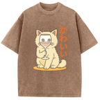 Kawaii Cat with Wine Glass Face Washed T-Shirt