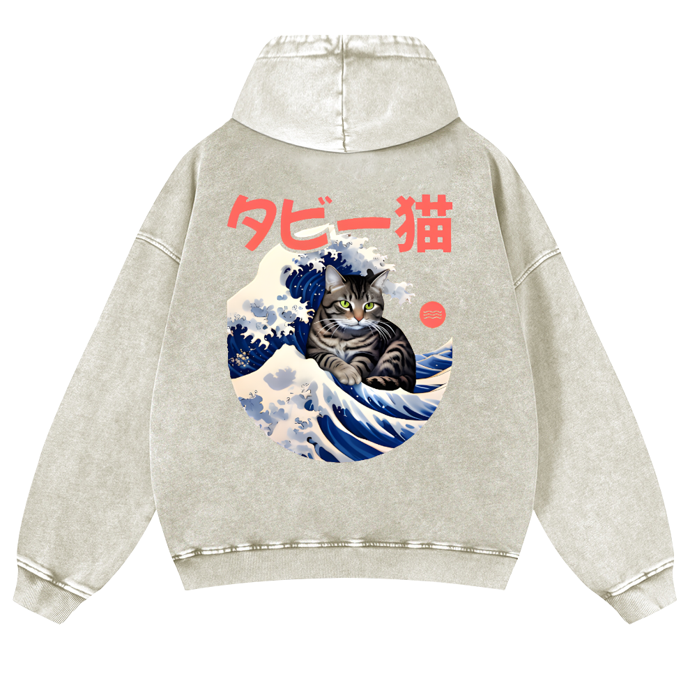 Cat Wave Vintage Washed Cotton Back Art Hoodie