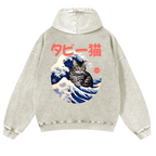 Cat Wave Vintage Washed Cotton Back Art Hoodie