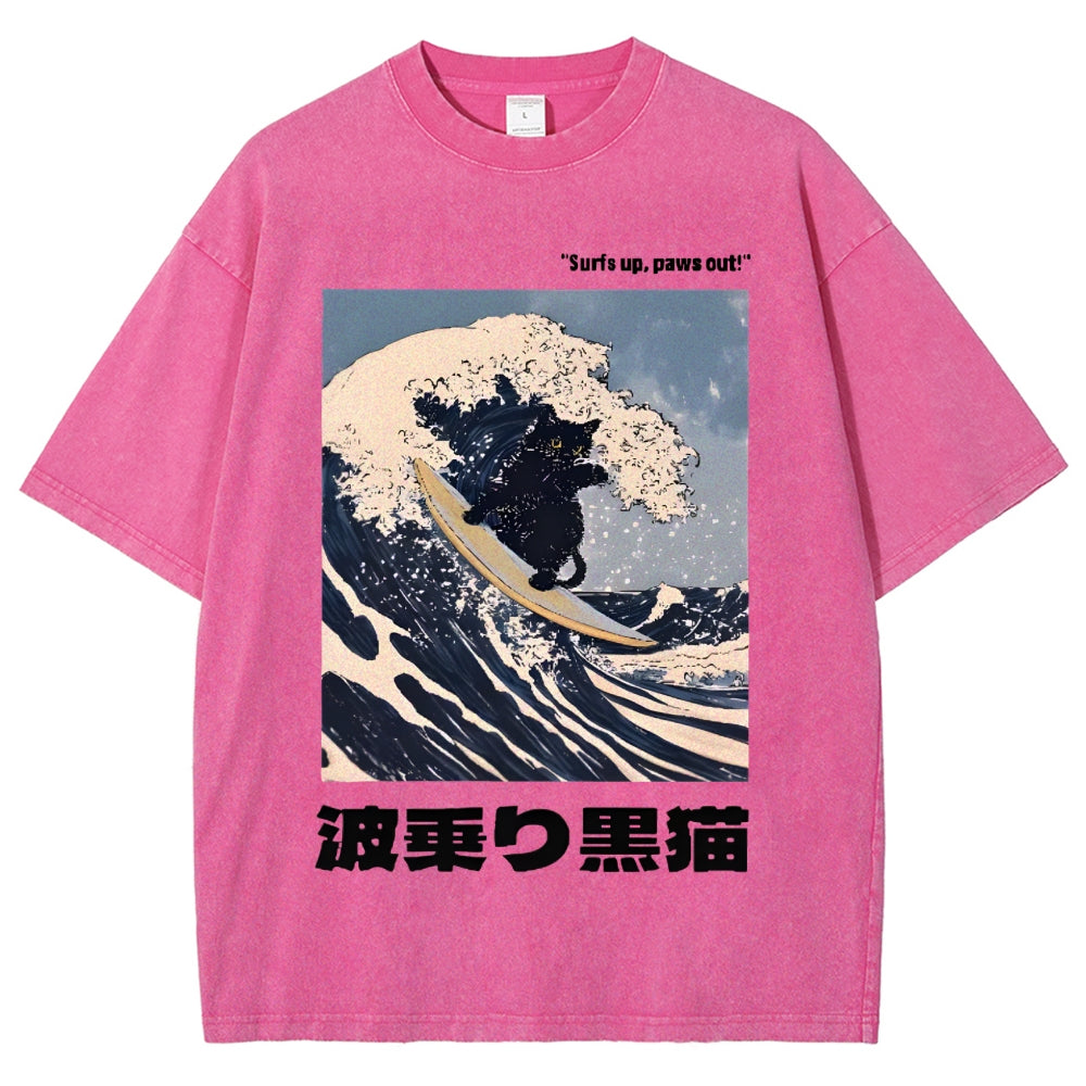 Black Cat Great Wave Vintage Wash Japanese Design T-Shirt