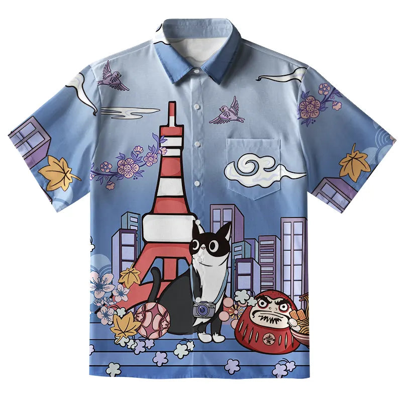 Tokyo Tower Landscape With Cat Button-up Shirt
