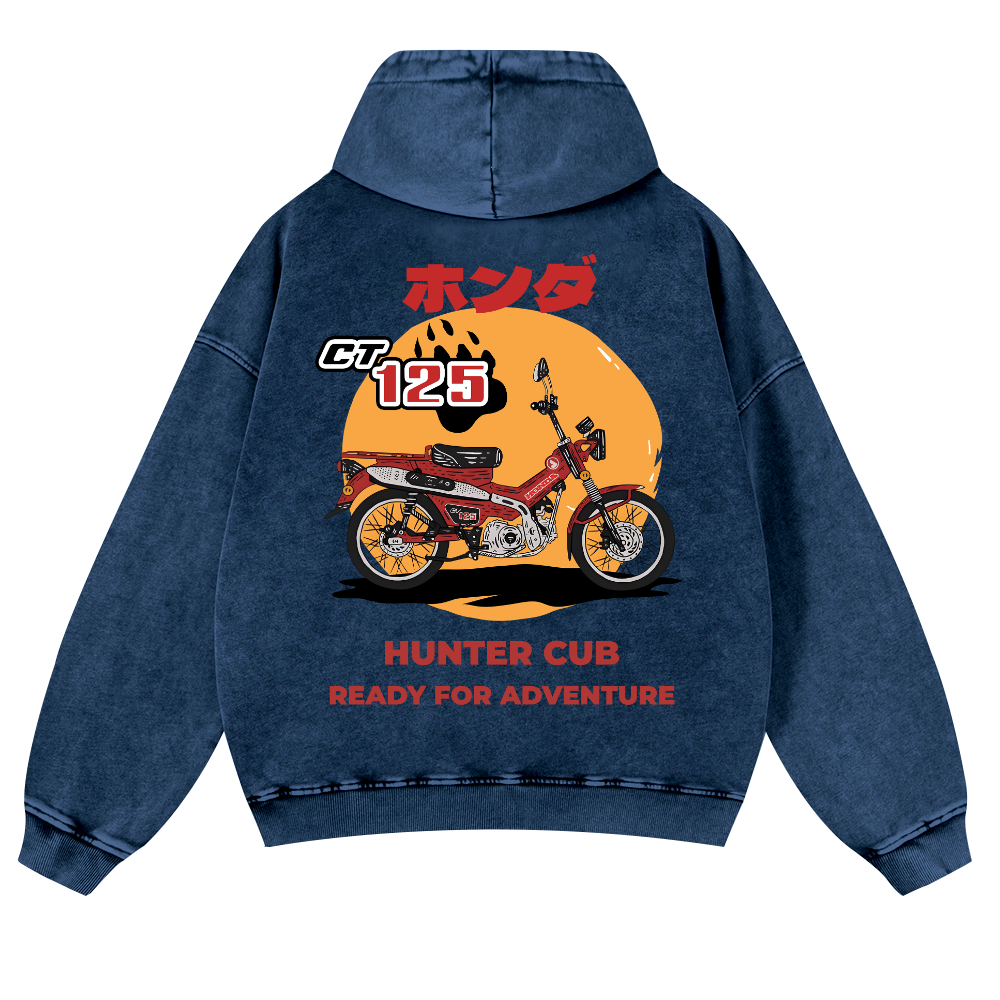 Hunter Cub Motorcycle Bike Vintage Washed Cotton Back Art Hoodie
