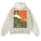 Cat Wave Vintage Washed Cotton Back Art Hoodie