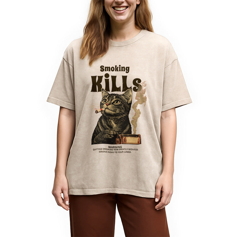 Smoking Mills Cat Meme Washed T-Shirt