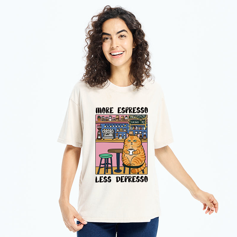 Unisex Orange Cat Drinking Espresso Washed T-Shirt