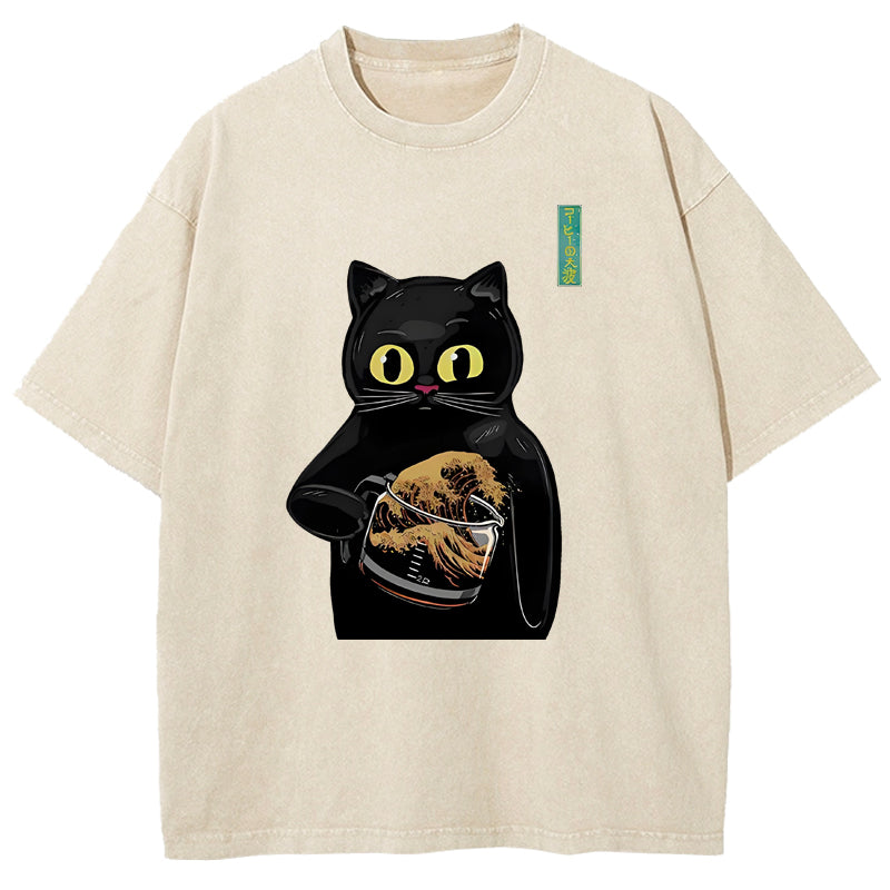 Black Cat Holding Coffee Washed T-Shirt