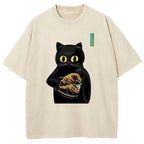 Black Cat Holding Coffee Washed T-Shirt