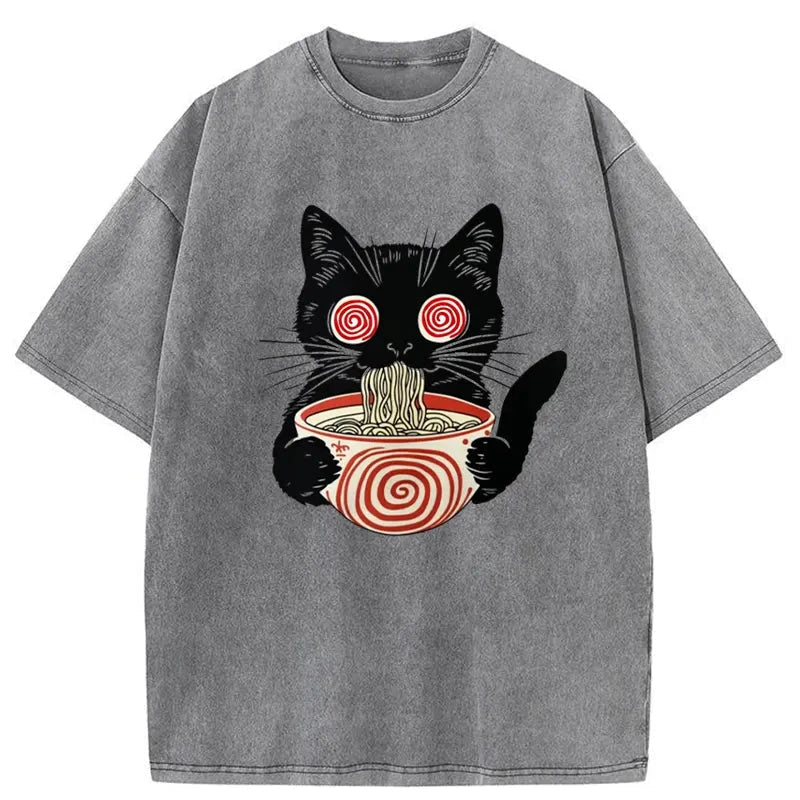 Confused Cat Eating Ramen Washed Vintage T-Shirt