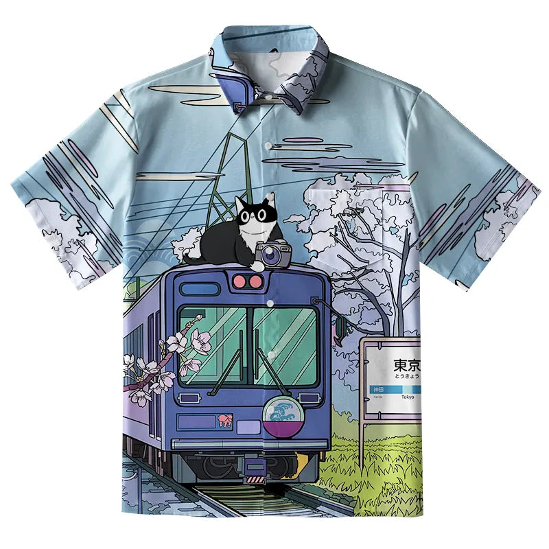 Black Cat On The Train Button-up Shirt