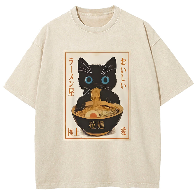 Vintage Cat Eating Ramen Washed T-Shirt