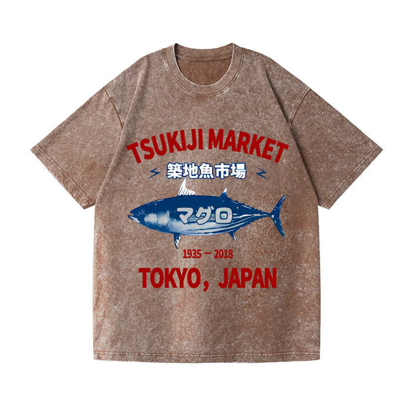 Tsukiji Market Tuna Fish Tokyo Japan Vintage Wash Japanese Design T-Shirt