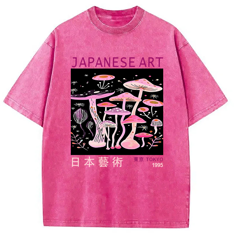 Japanese Art Pink Hallucinogenic Mushrooms Washed T-Shirt
