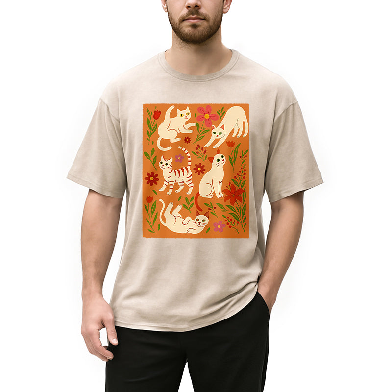 Cats And Flowers Washed T-Shirt