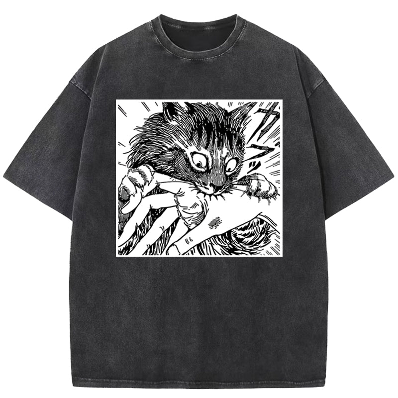 Creepy Cat Anime Horror Art Print Washed T-Shirt