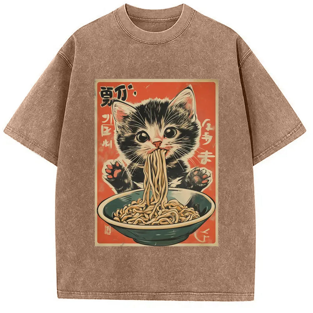 Kawaii Ramen Cat Vintage Japanese Washed T-Shirt