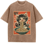 Kawaii Ramen Cat Vintage Japanese Washed T-Shirt