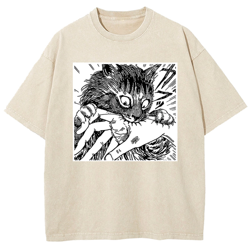 Creepy Cat Anime Horror Art Print Washed T-Shirt