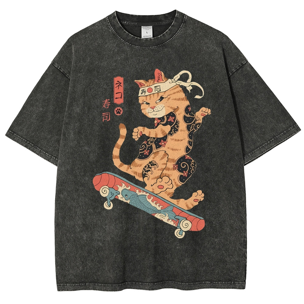 Skate Cat Washed Vintage Short Sleeves T-Shirt