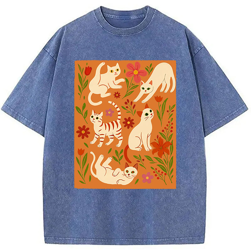 Cats And Flowers Washed T-Shirt