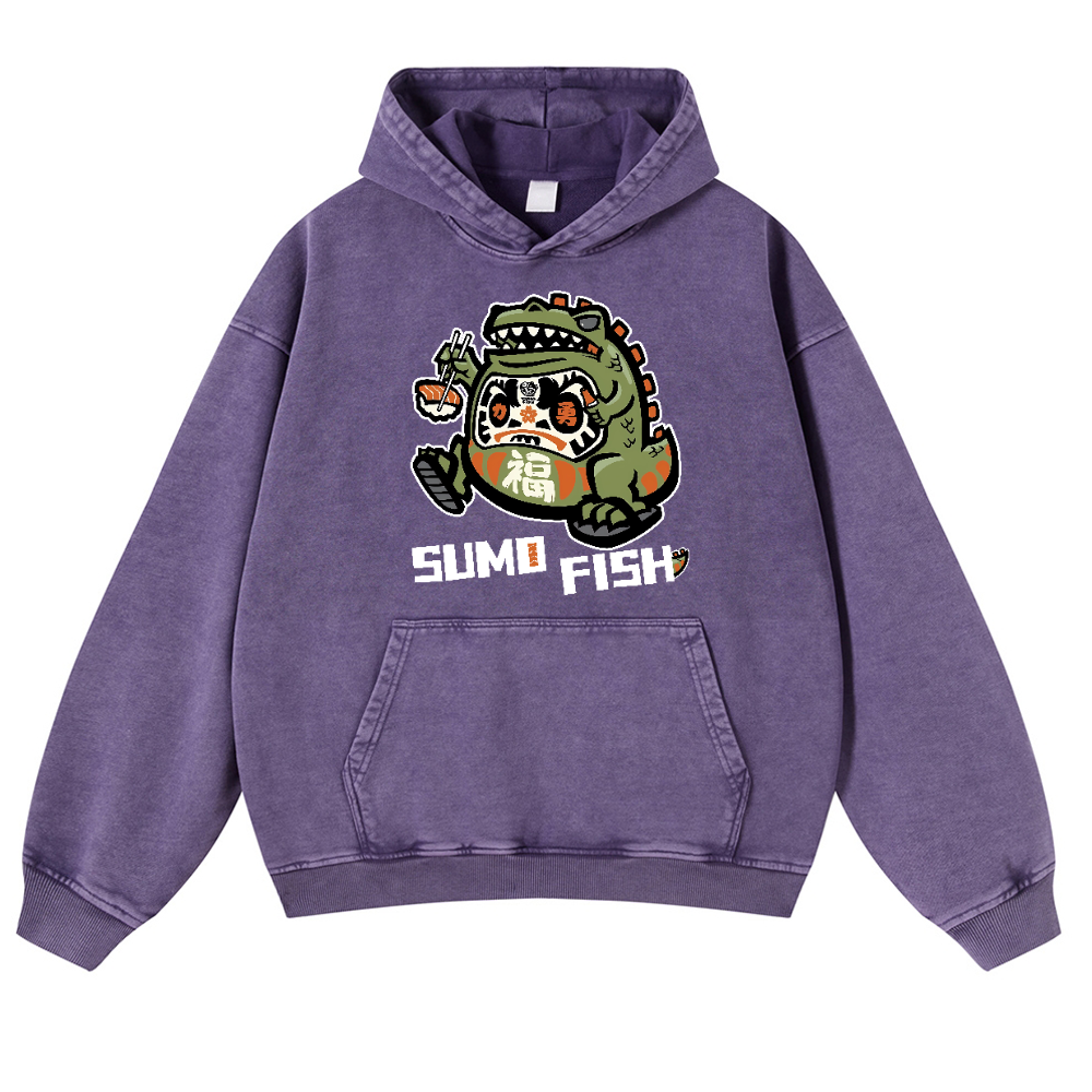 Sumo Fish Daruma Sushi Vintage Washed Thick Cotton Hoodie