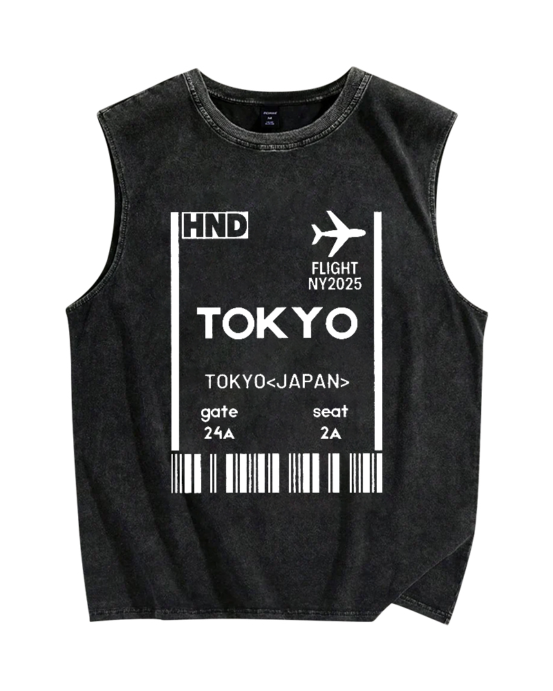 Tokyo Boarding Card Vintage Distressed Washed Tank Top