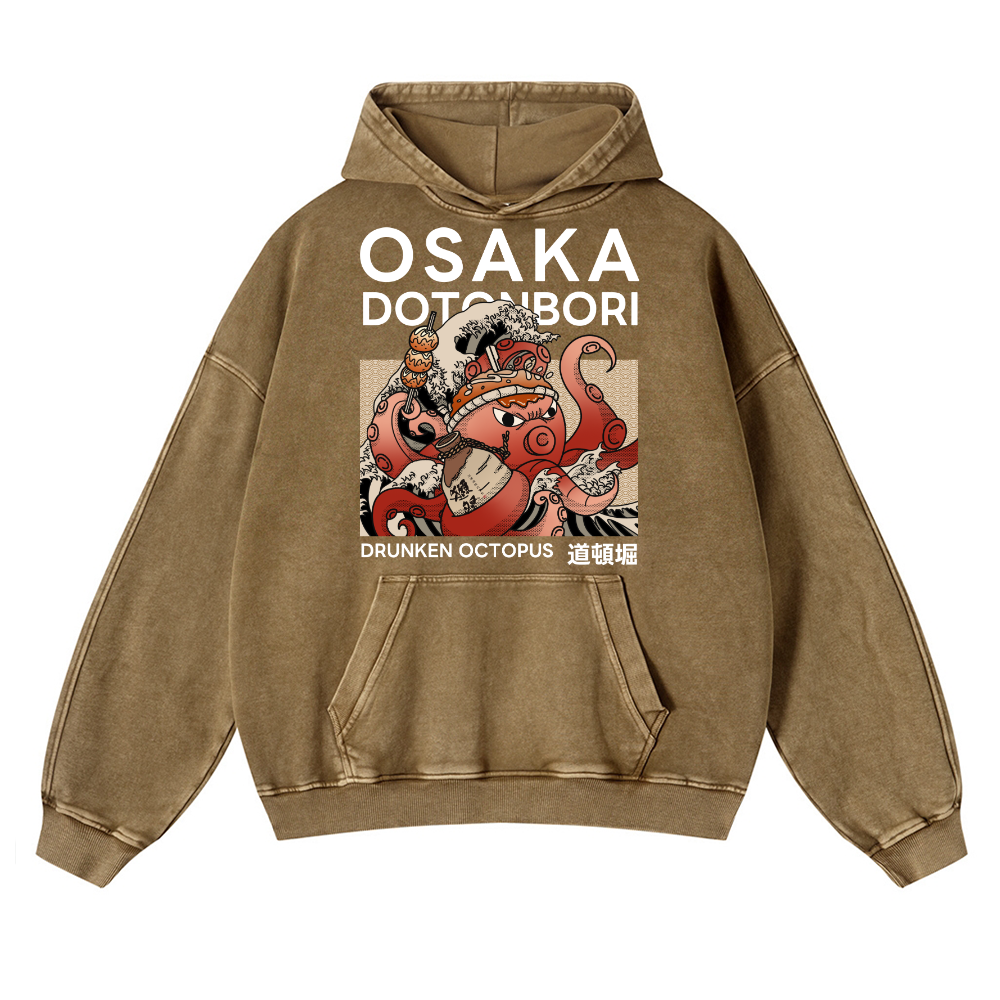 Osaka Dotonbori Drunken Octopus Vintage Washed Thick Cotton Hoodie