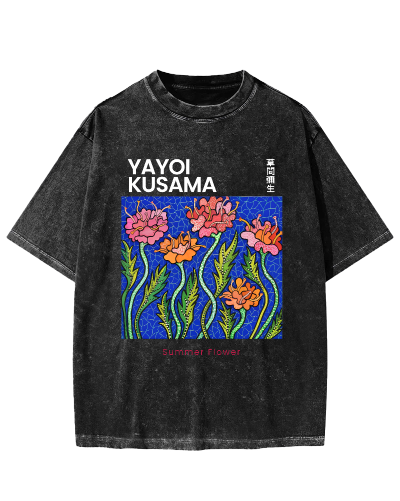 Summer Flower Art Japanese Style Vintage Washed T-shirt