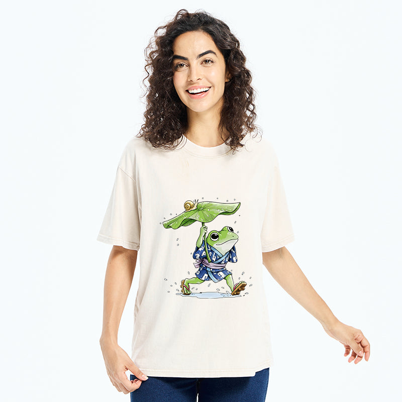 Unisex Frog Seeking Shelter From The Rain Washed T-Shirt
