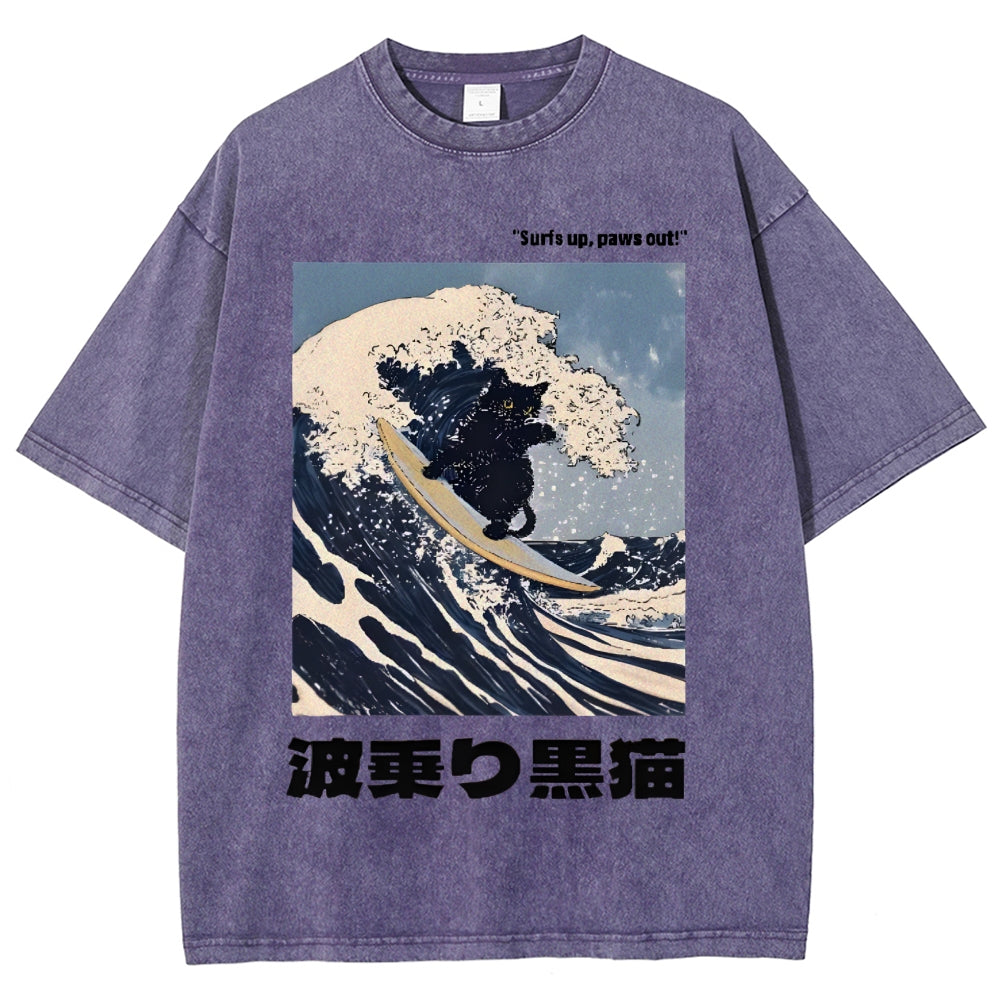 Black Cat Great Wave Vintage Wash Japanese Design T-Shirt