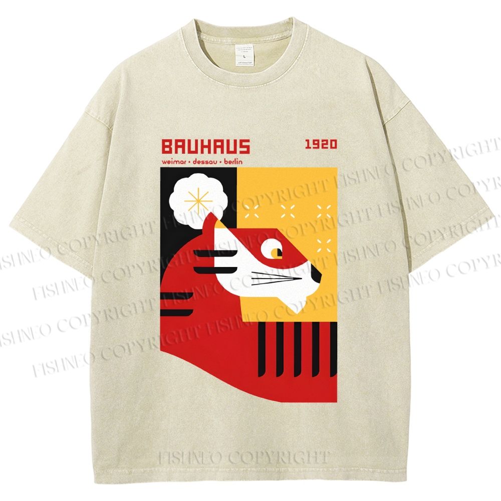 Unisex Bauhaus Red Tiger Printed Washed Tee