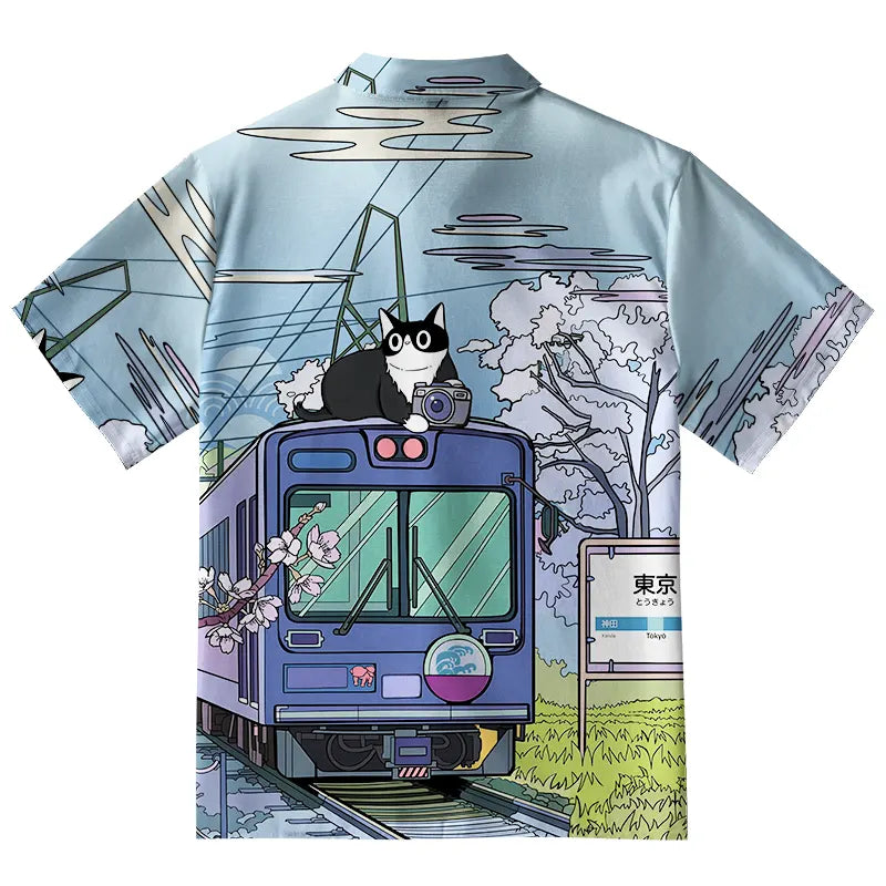 Black Cat On The Train Button-up Shirt