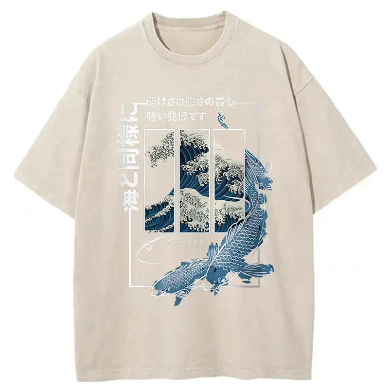 Ukiyoe Waves And Fish Washed Vintage T-Shirt
