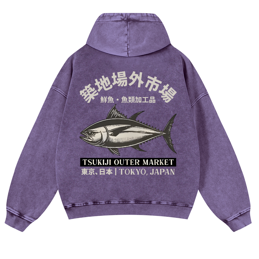 Tsukiji Market Tuna Fish Vintage Washed Cotton Back Art Hoodie