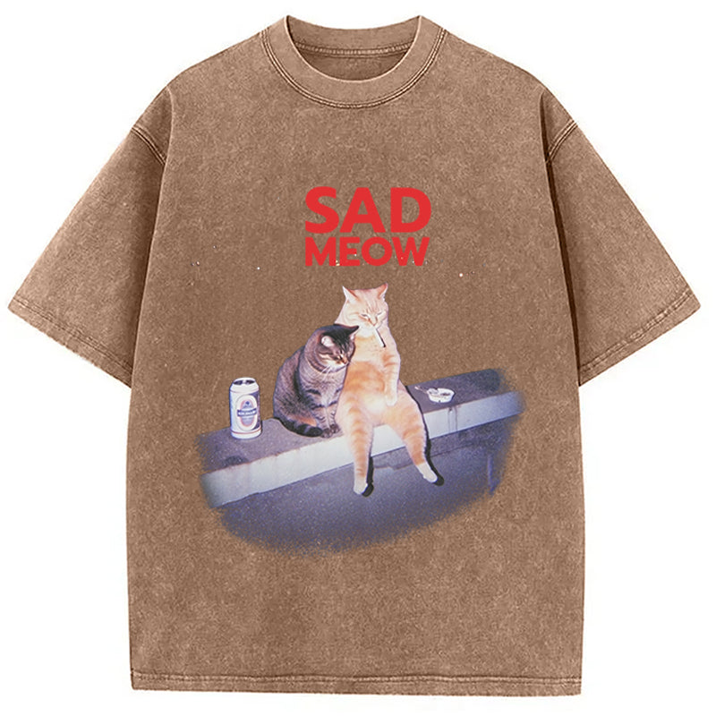Sad Meow Smoking Cat Washed T-Shirt