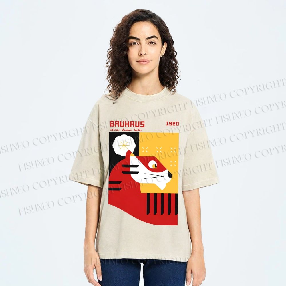 Unisex Bauhaus Red Tiger Printed Washed Tee