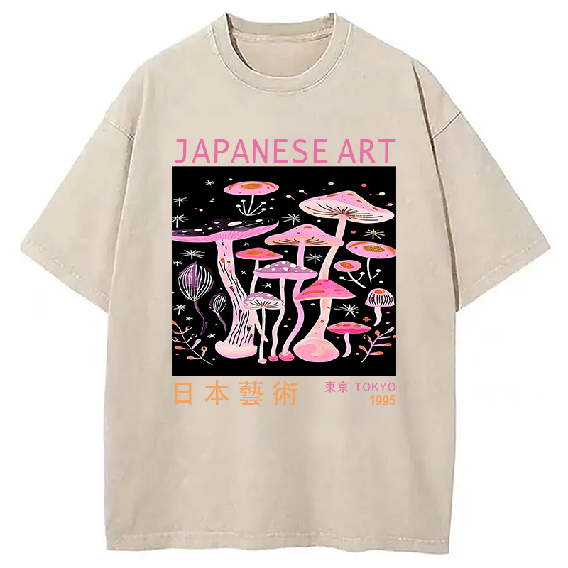 Japanese Art Pink Hallucinogenic Mushrooms Washed T-Shirt