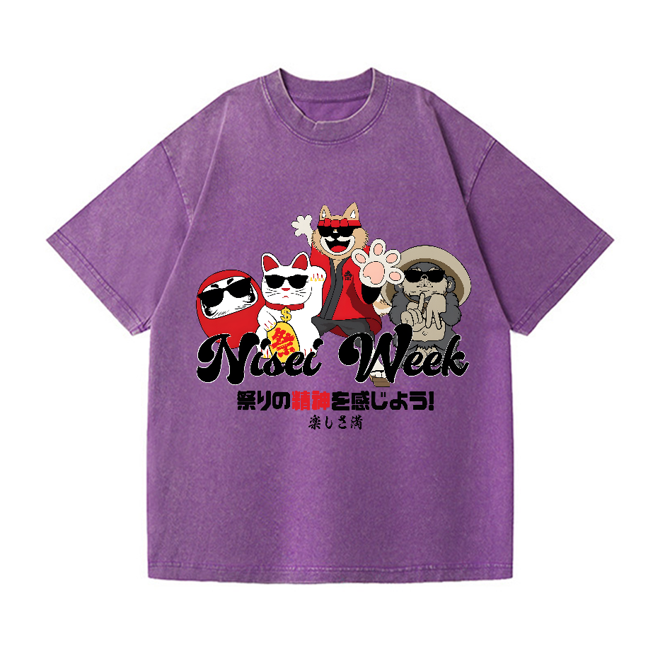 Cat Daruma Vintage Wash Japanese Design T-Shirt