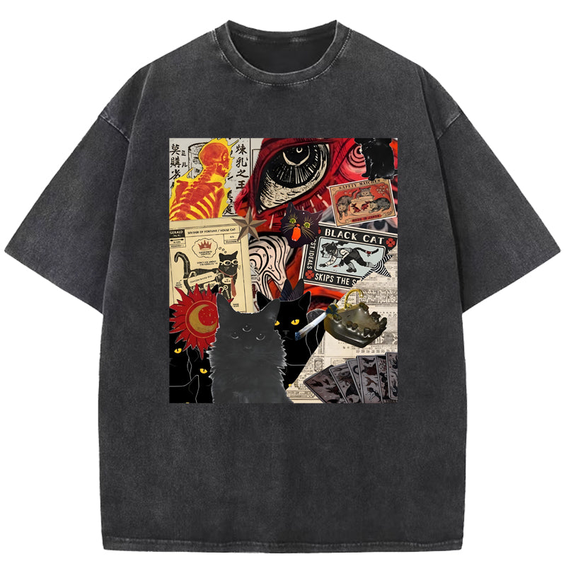 Harajuku cat illustration Washed T-Shirt