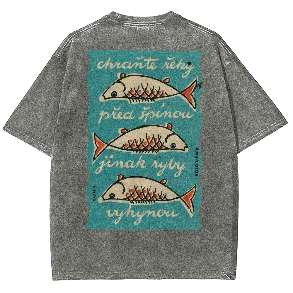 Fishes Pattern Printed Washed Vintage Short Sleeves T-Shirt