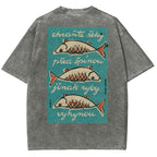 Fishes Pattern Printed Washed Vintage Short Sleeves T-Shirt