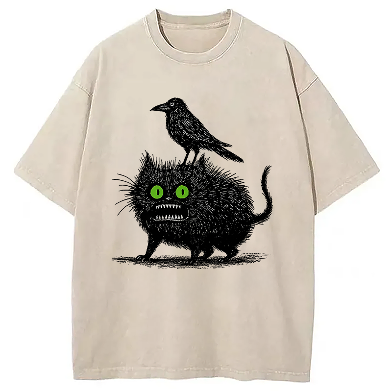 Crow And Black Cat Washed T-Shirt