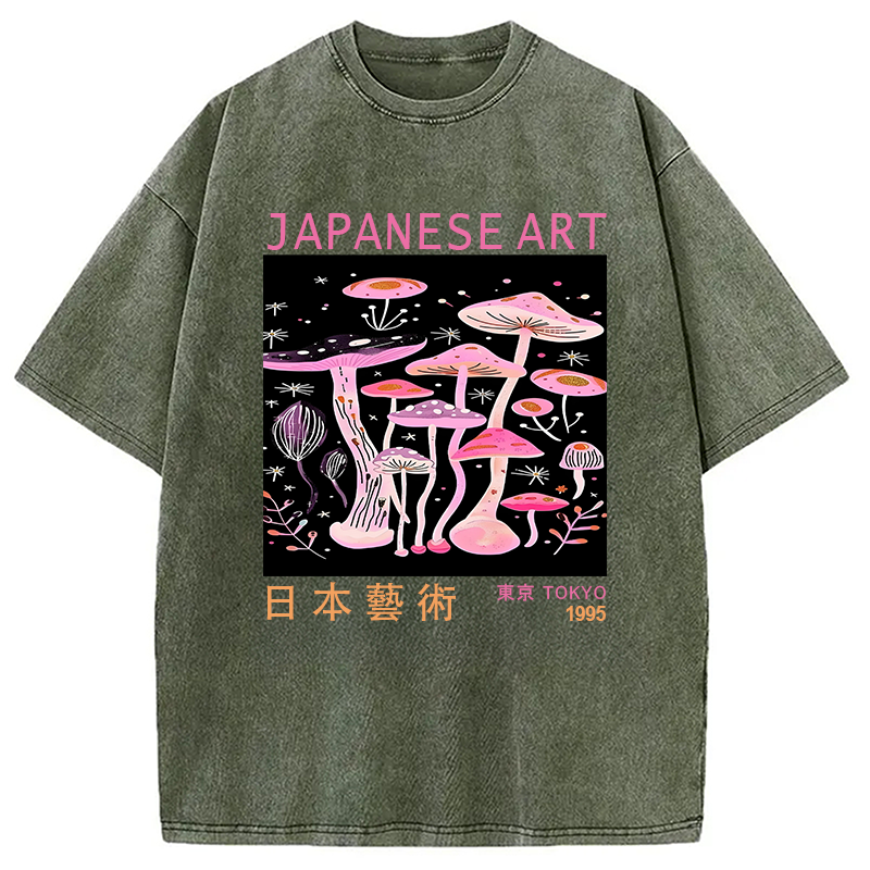 Japanese Art Pink Hallucinogenic Mushrooms Washed T-Shirt