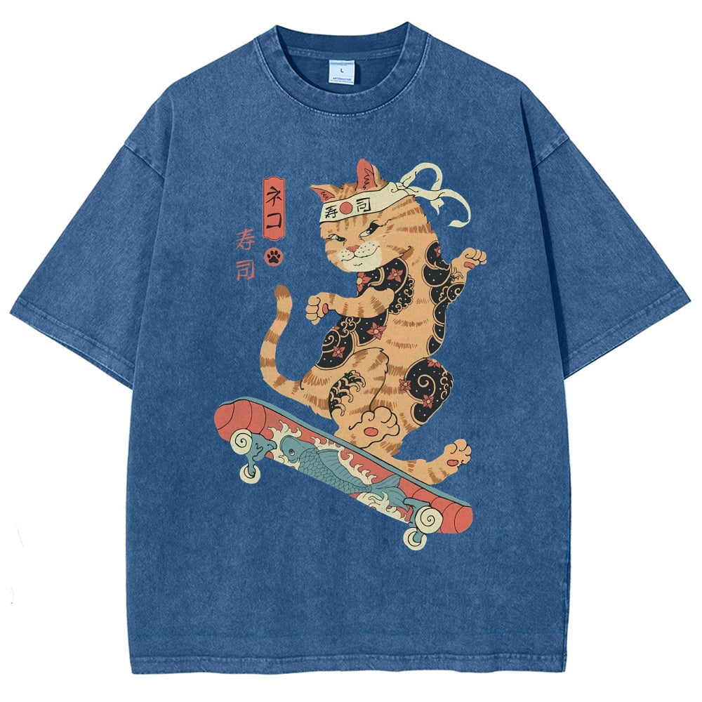 Skate Cat Washed Vintage Short Sleeves T-Shirt