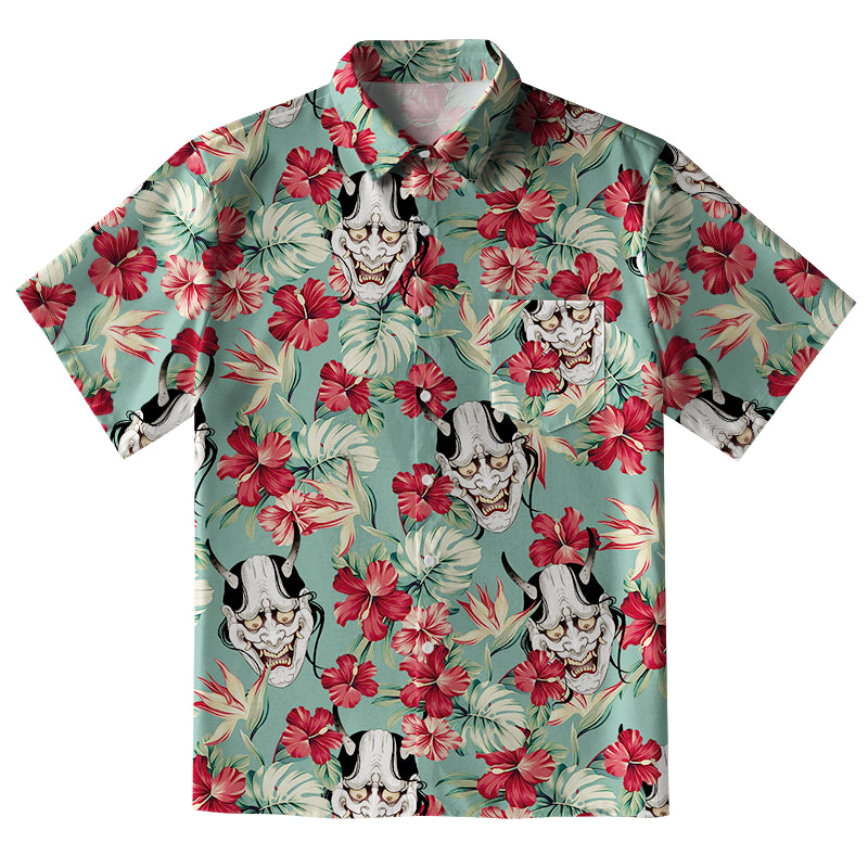 Oni Mask And Flower Button-up Shirt