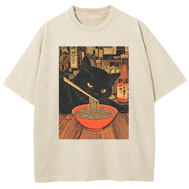Eating Ramen Cat Washed T-Shirt