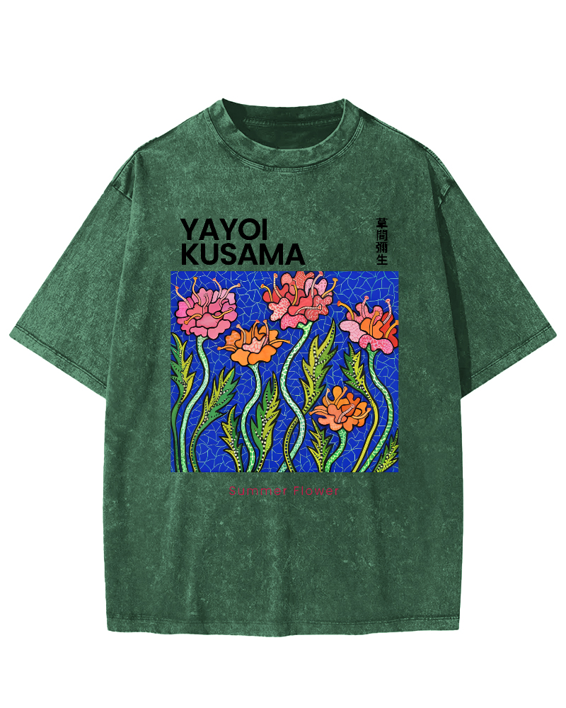 Summer Flower Art Japanese Style Vintage Washed T-shirt