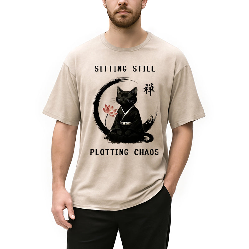 Sitting Calming Zen Cat Washed T-Shirt