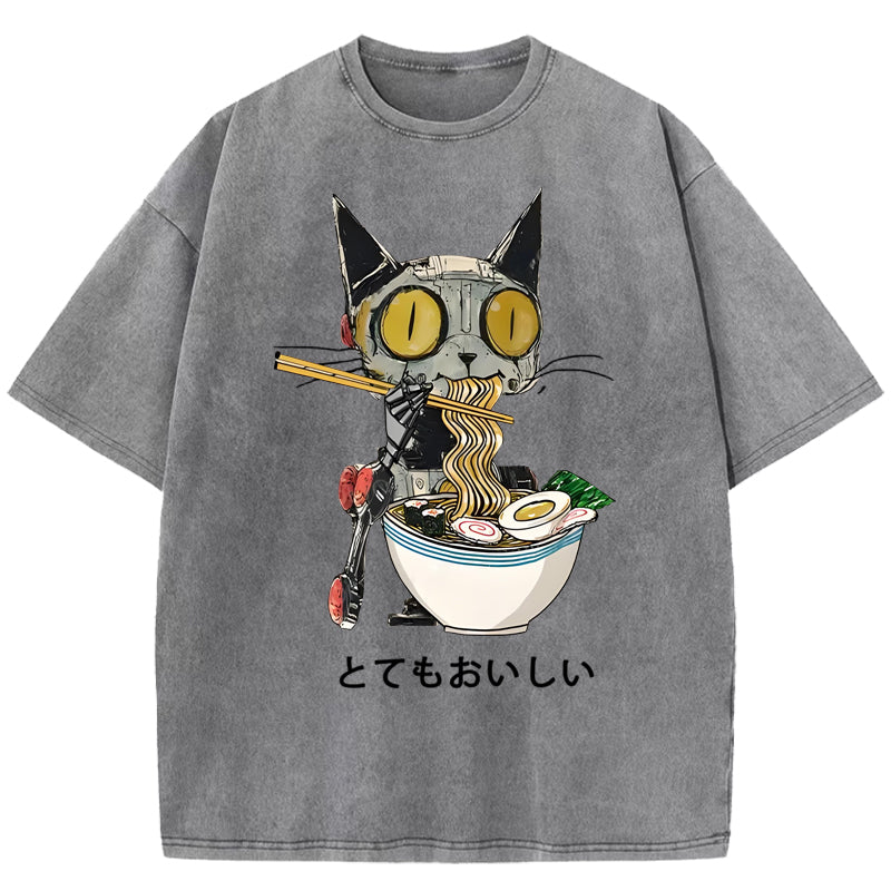 Ramen Lover Robot Cat Washed T-Shirt