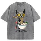 Ramen Lover Robot Cat Washed T-Shirt