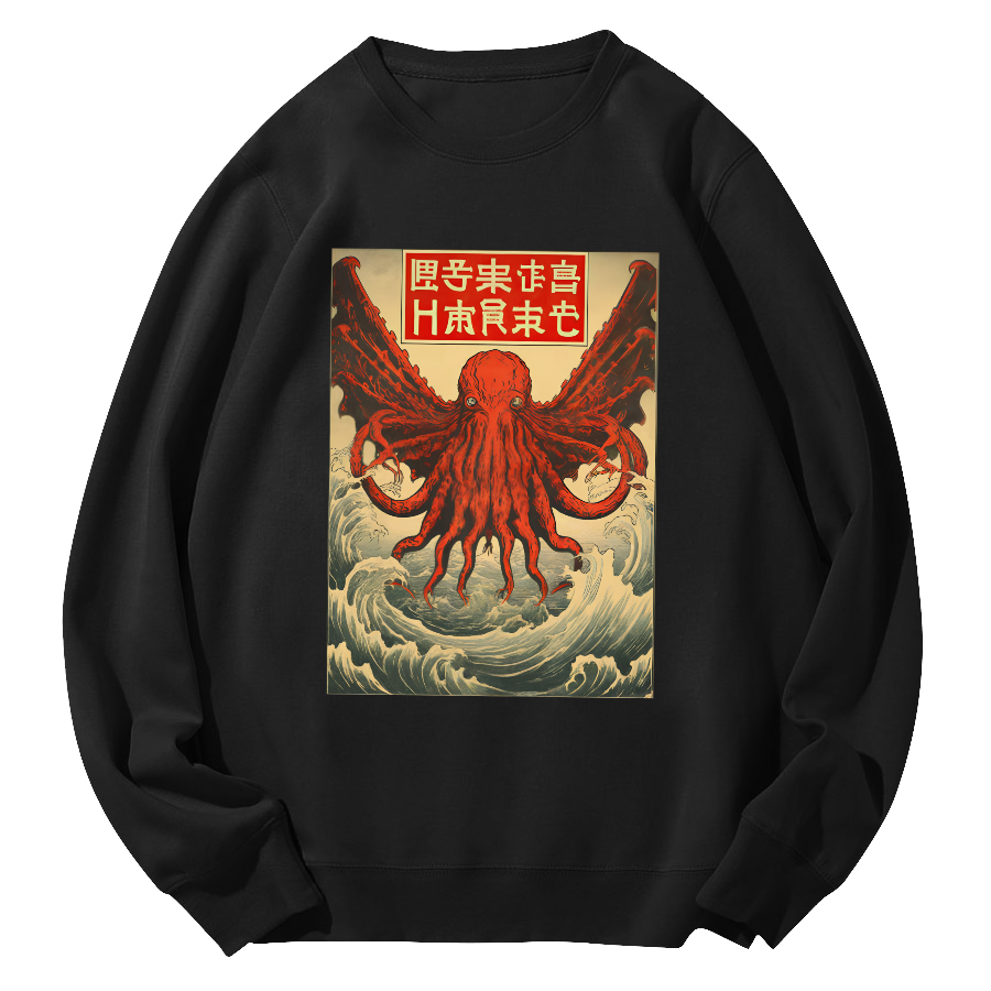 Unisex The Japanese style octopus monster in the huge waves Round Neck Sweatshirt